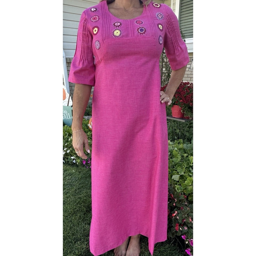 VTG 70s Maxi Dress Pink‎ Collar Embroidered Boho Hippie Festival Cottagecore